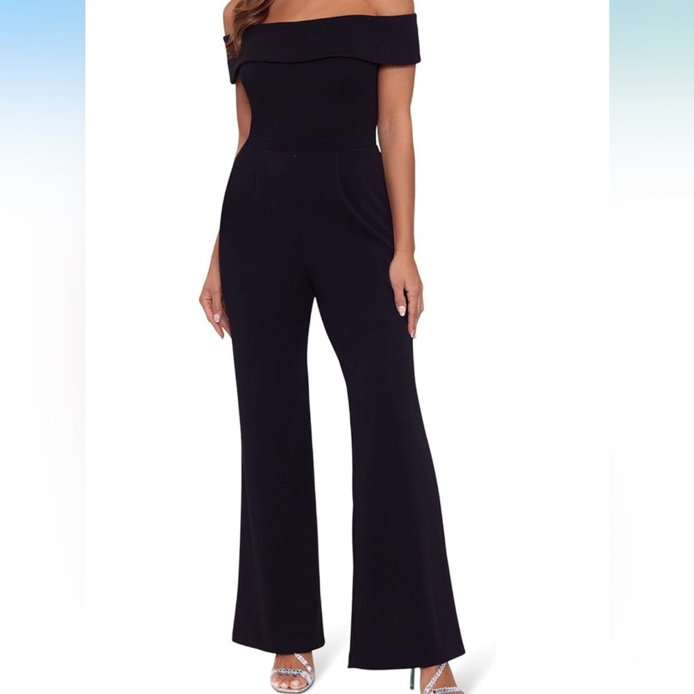 🆕 Xscape Over-The-Shoulder Scuba Crepe Jumpsuit Black Sz 8 NWT